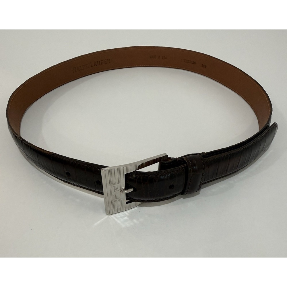 Vintage Ralph Lauren Leather Belt Brown Croc Embossed RL Logo USA Sz M